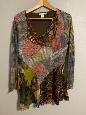 Feratelli Womens Tunic Large Multicolor Mixed Media Print Cowl Neck Boho Artsy